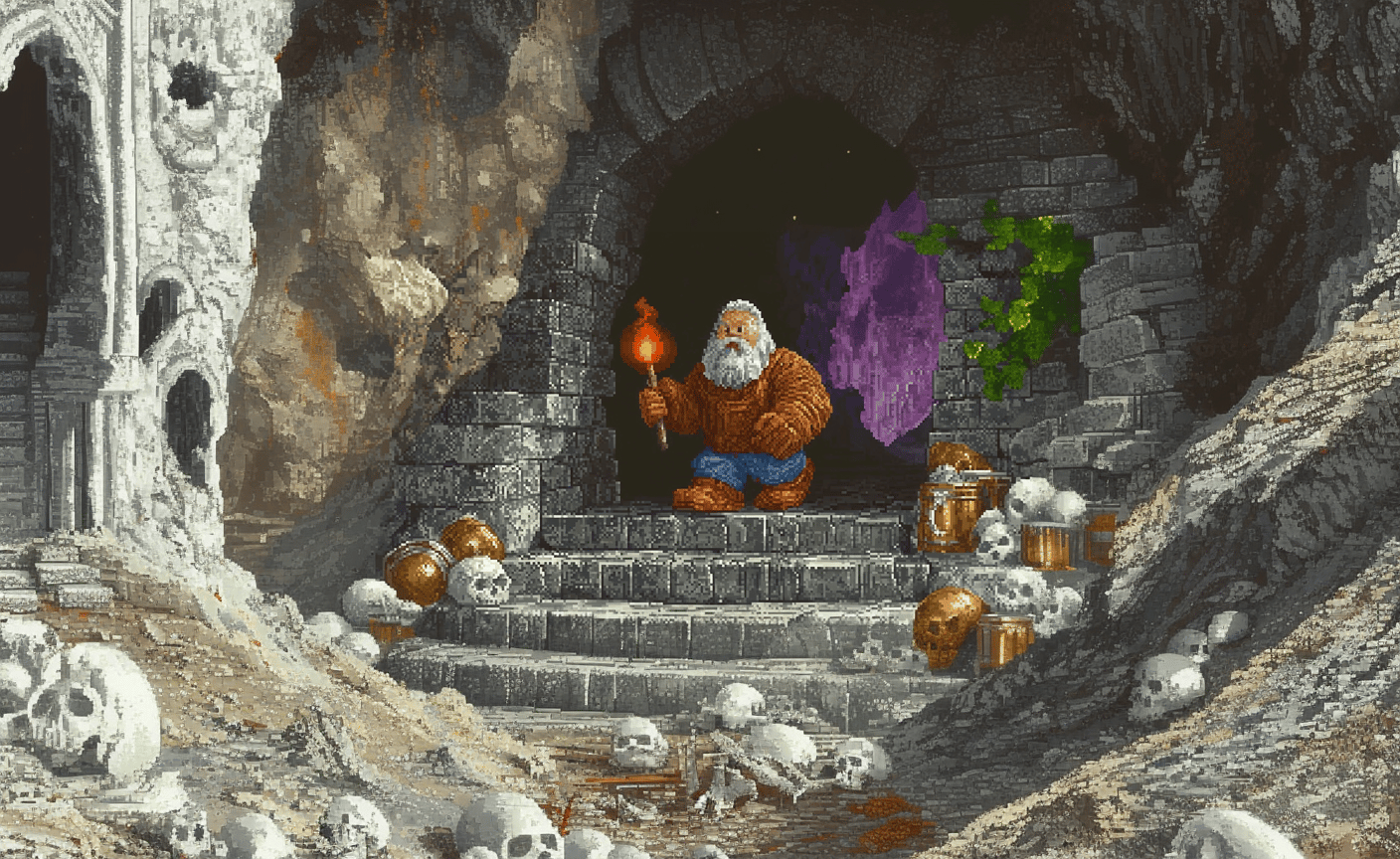 Bearded dwarf holding a torch stands on stone steps surrounded by skulls and gold in a dark cave.