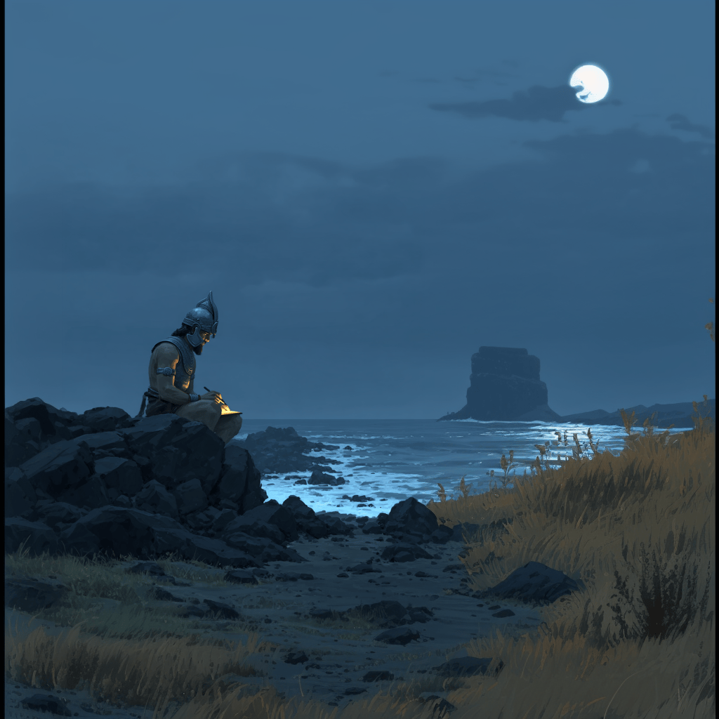 Armored figure sits on coastal rocks writing on a glowing tablet under a full moon at night.