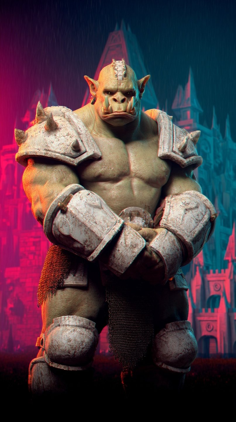 Muscular orc warrior in spiked stone armor standing before a misty fantasy castle under dramatic lighting.