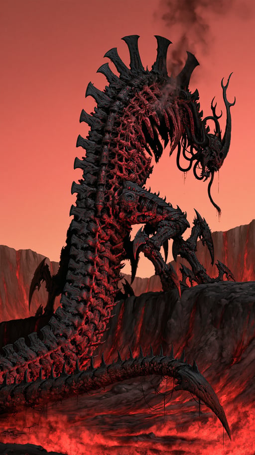 A towering biomechanical monster with a segmented spine stands on a volcanic cliff under a red sky.