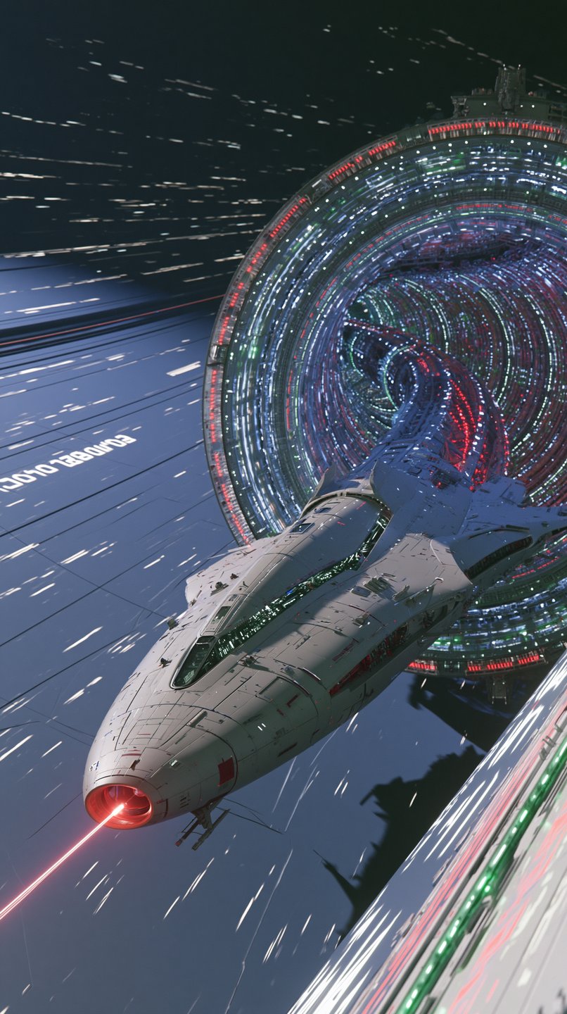Sleek white spaceship emitting a red laser beam emerges from a massive, illuminated cylindrical space tunnel.