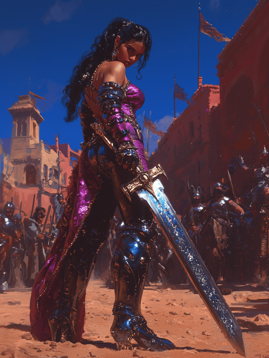 Warrior woman in purple and black armor stands defiantly with a large sword in a sunlit city.