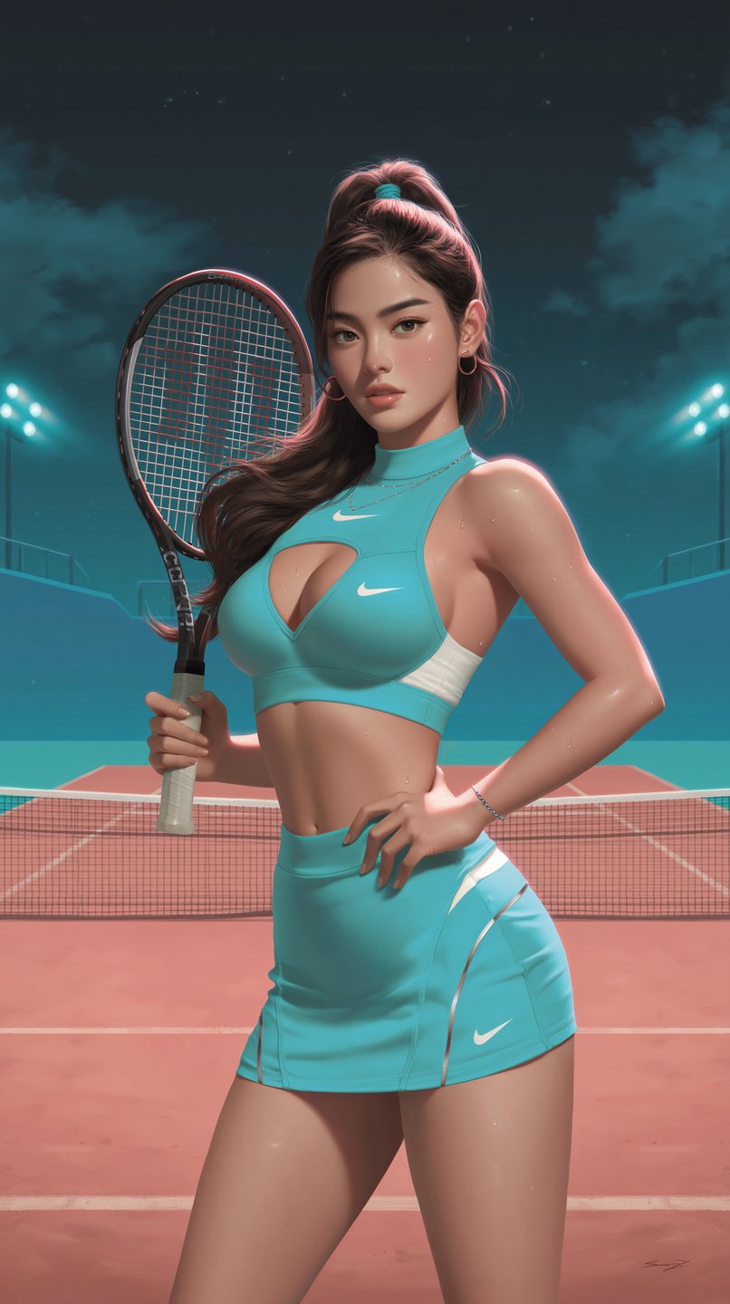Athletic woman in cyan tennis gear holding a racket on a clay court at night.