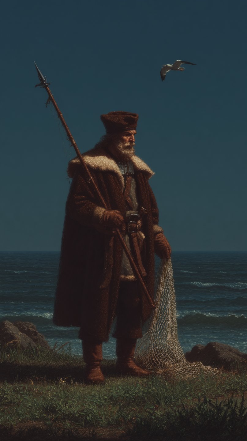 Weathered man in heavy fur coat stands on a grassy shore holding a harpoon and fishing net.