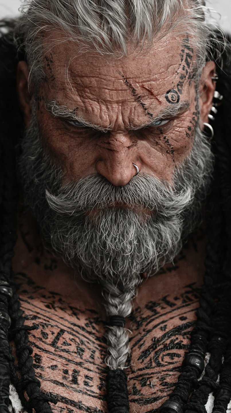Grizzled older warrior with facial tattoos, scars, and a braided grey beard glares intensely downward.