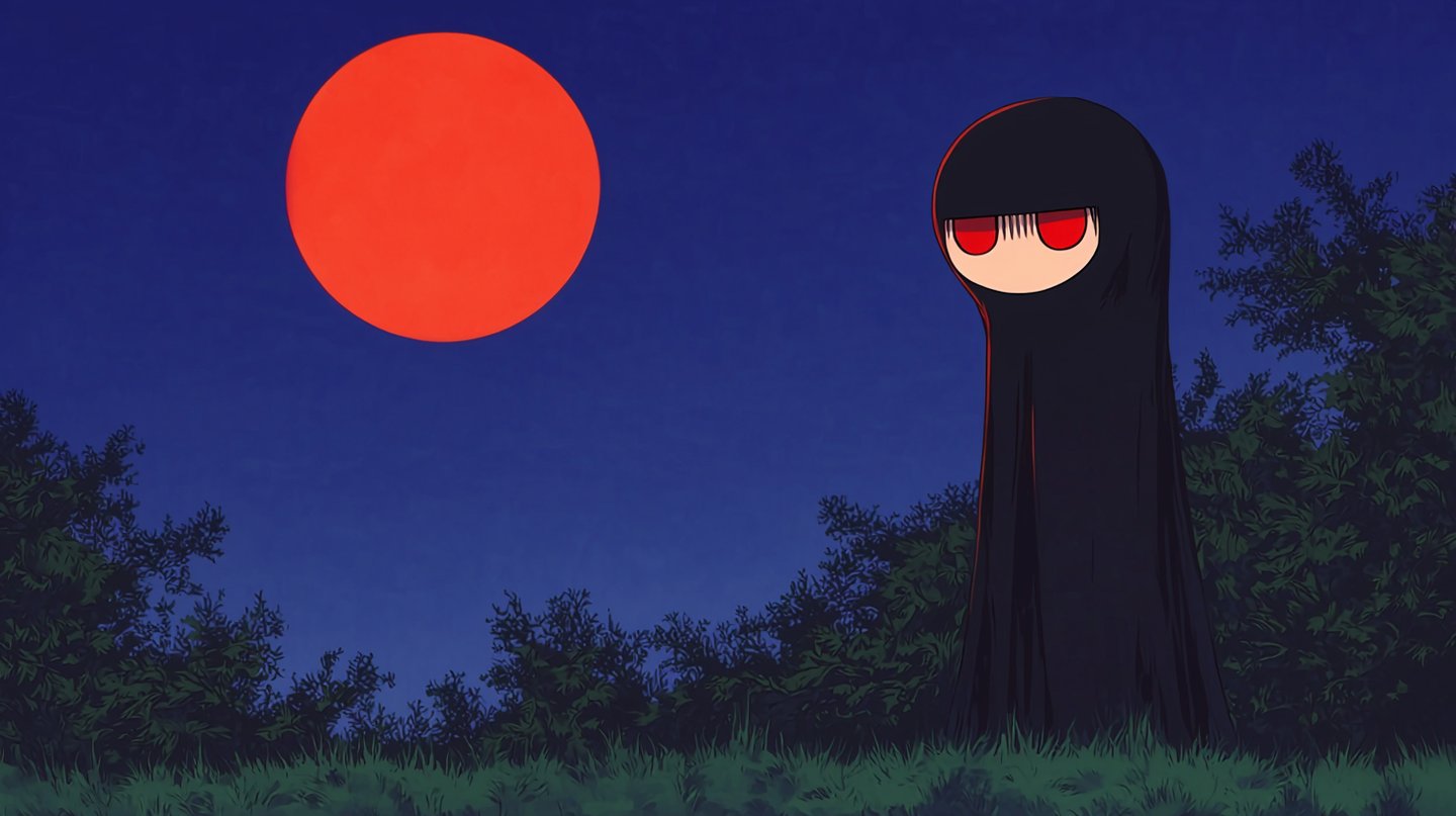 A cloaked figure with red eyes stands in a dark field beneath a large red celestial moon.