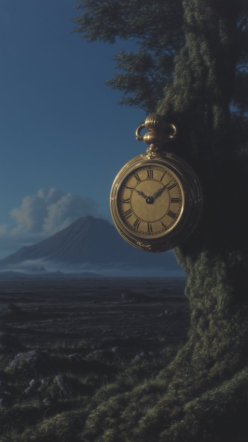 Golden pocket watch hanging on a mossy tree trunk with a distant volcano under a dark twilight sky.