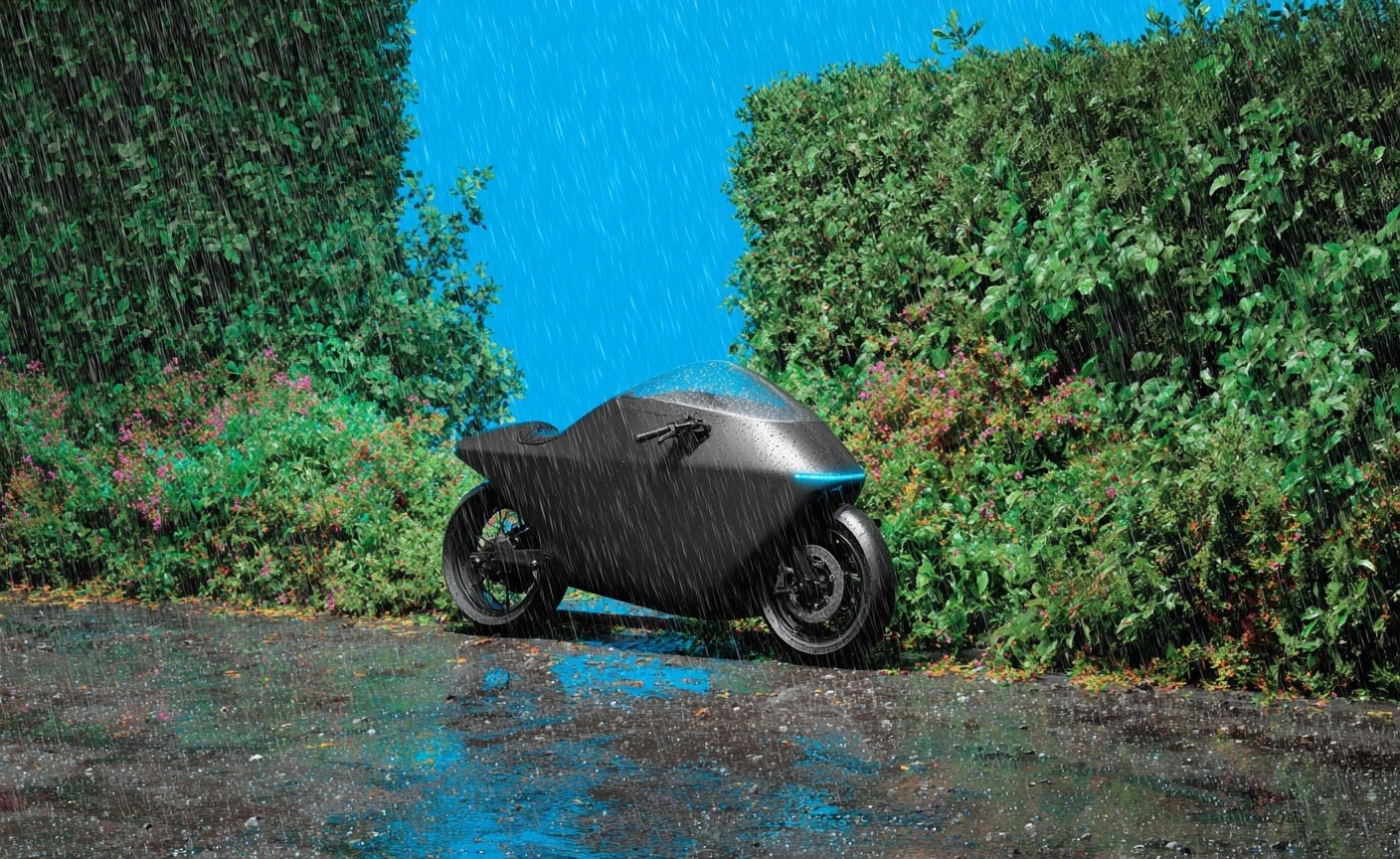 Matte black futuristic motorcycle parked on a wet gravel path between green hedges during heavy rainfall.
