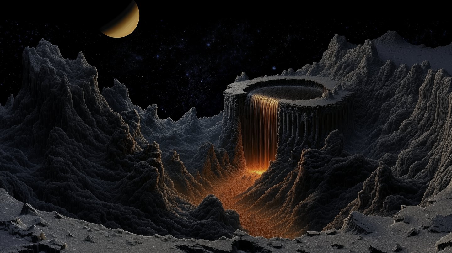 Glowing orange waterfall cascading from a crater into a dark jagged mountain valley under a crescent moon.