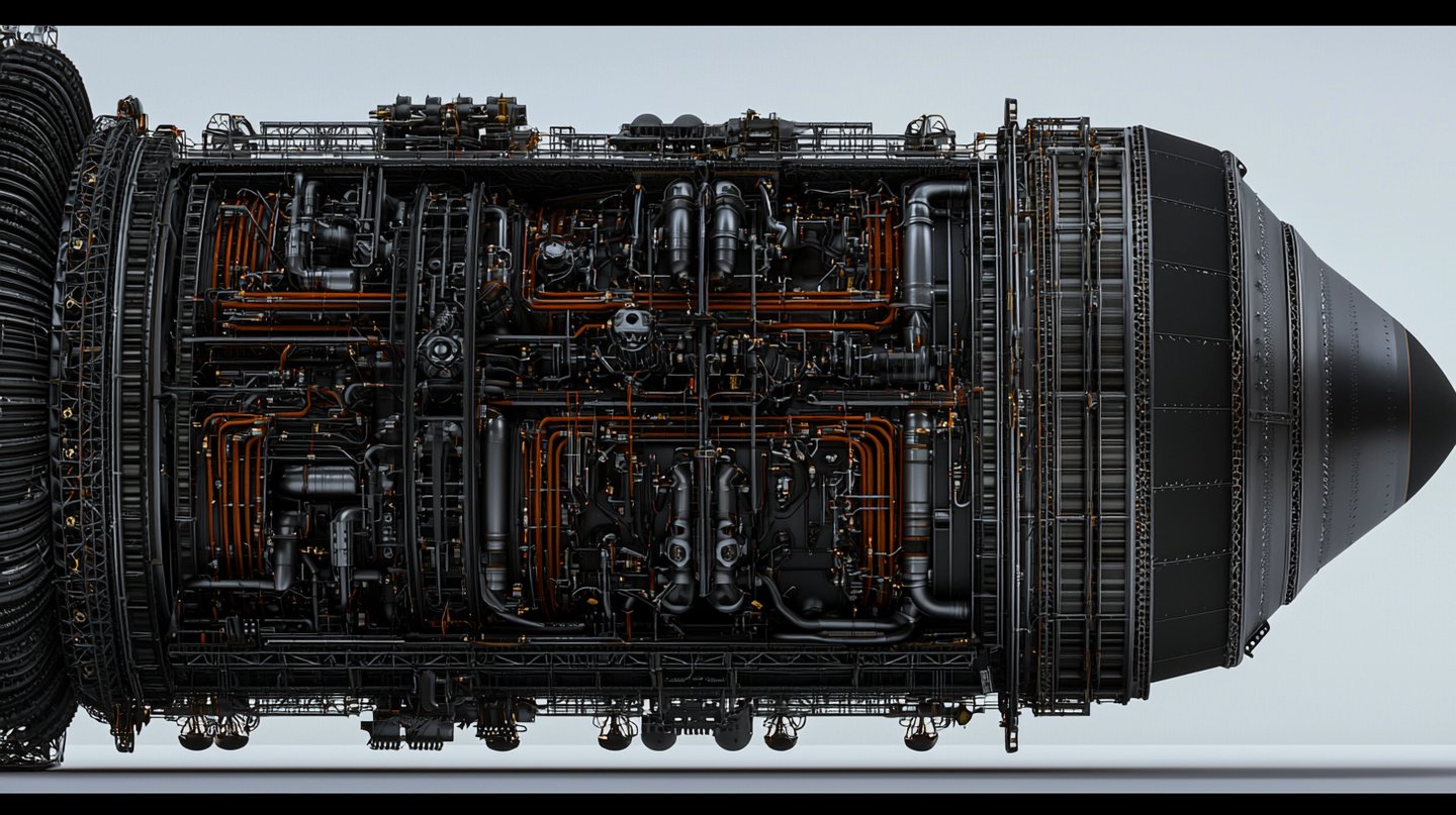 Intricate horizontal view of a black industrial turbine engine with exposed copper pipes and complex internal wiring.