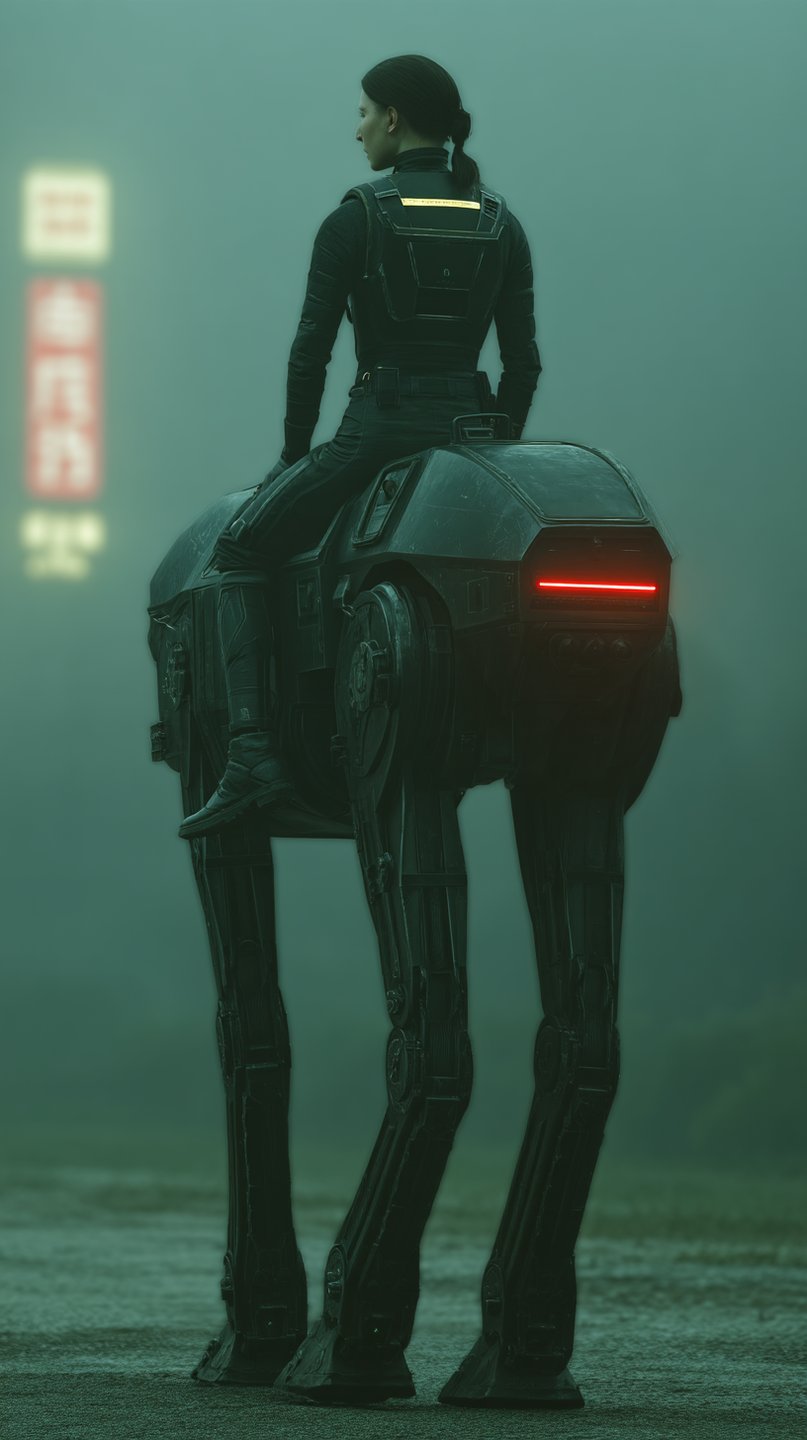 A female pilot in tactical gear sits atop a tall mechanical walker in a foggy green-tinted city.