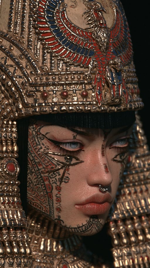 Close-up portrait of a woman wearing an ornate golden Egyptian headdress and intricate facial tattoos.