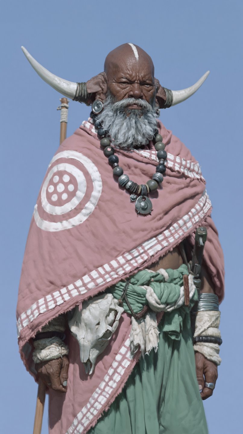 Older dark-skinned humanoid with large horizontal horns, white beard, terracotta patterned cloak, and animal skull belt.