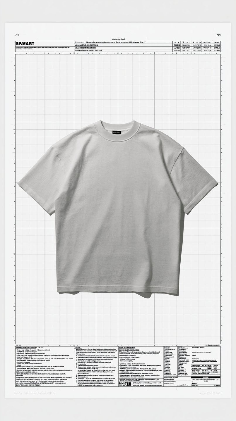 Oversized grey t-shirt laid flat on a white technical specification sheet with gridlines and text.