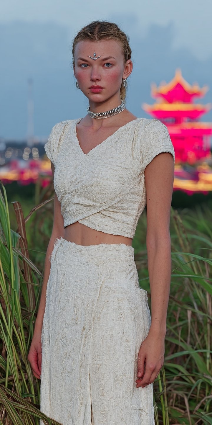 Young woman in textured white crop top and skirt with silver headpiece standing in tall grass.