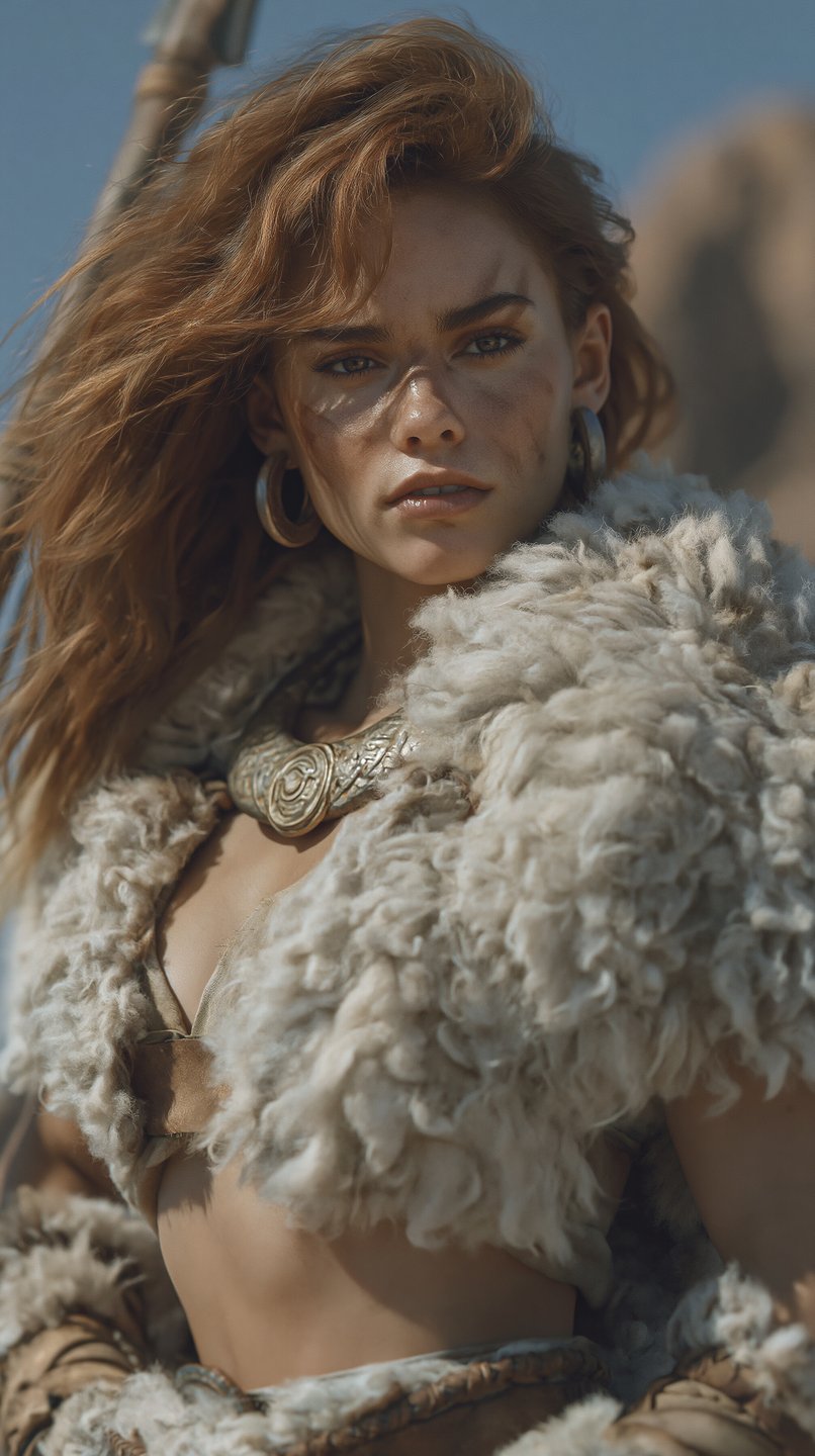 Red-haired woman in shearling tribal attire and bronze jewelry posing stoically against a blurred desert background.