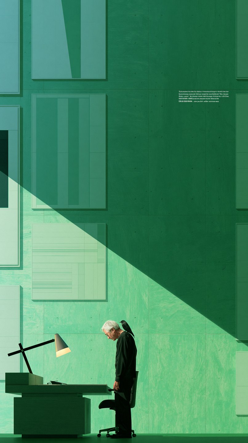 An elderly man bows his head at a desk beneath a sharp diagonal shadow on a green wall.