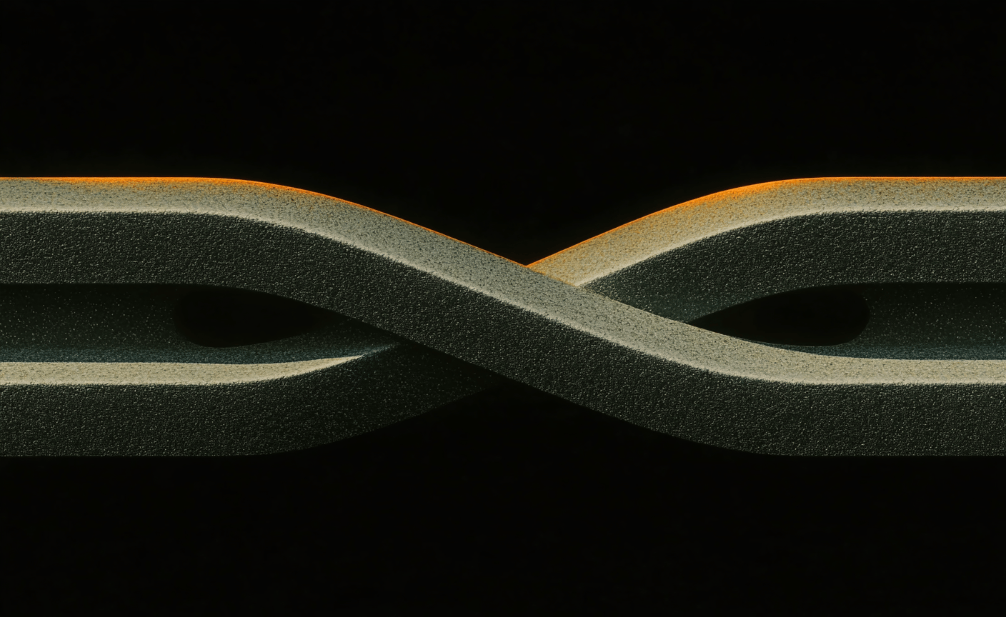 Macro view of a granular, twisted metallic link with glowing orange rim highlights against a black background.