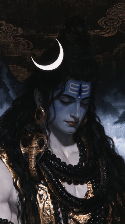 A classical oil painting of Lord Shiva meditating with closed eyes, a crescent moon, and a cobra.