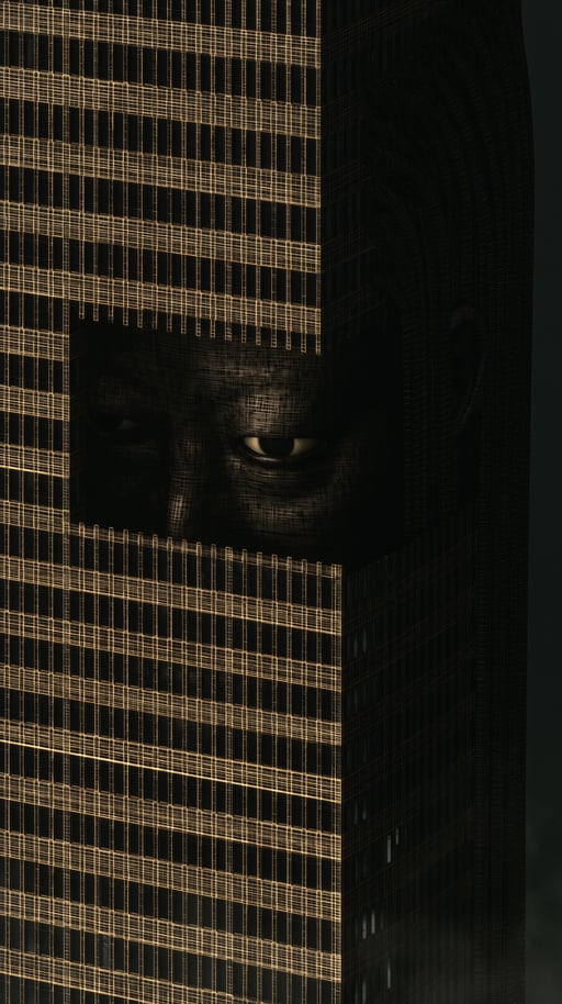 A colossal dark face is seamlessly integrated into the grid-like facade of a towering skyscraper at night.