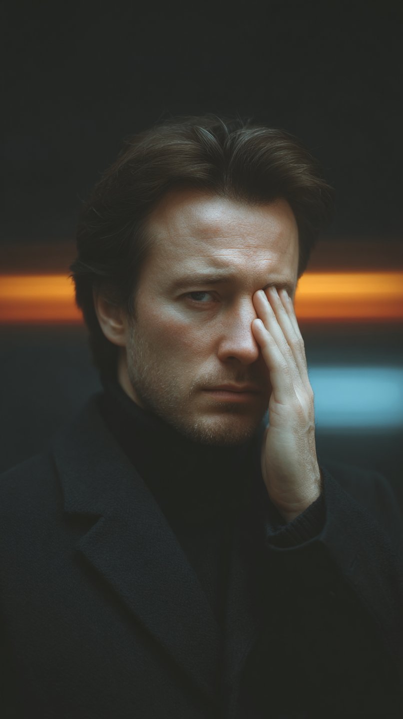 Man in a black turtleneck and coat covers one eye against a dark background with blurred lights.