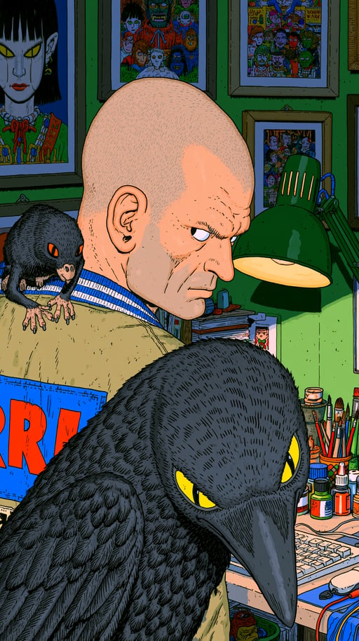 A stern bald man looks over his shoulder in a cluttered art studio next to a large black crow.