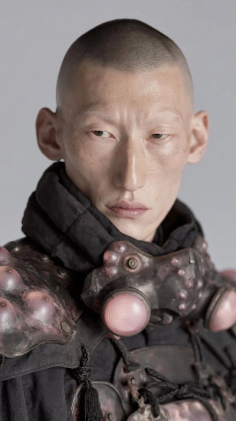 Bald man in dark biomechanical armor with glowing pink domes looks aside against a grey background.