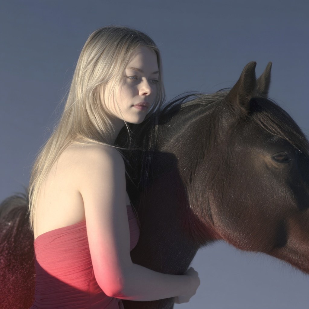 Young blonde woman in a red strapless dress tenderly embraces a dark brown horse against a soft blue background.