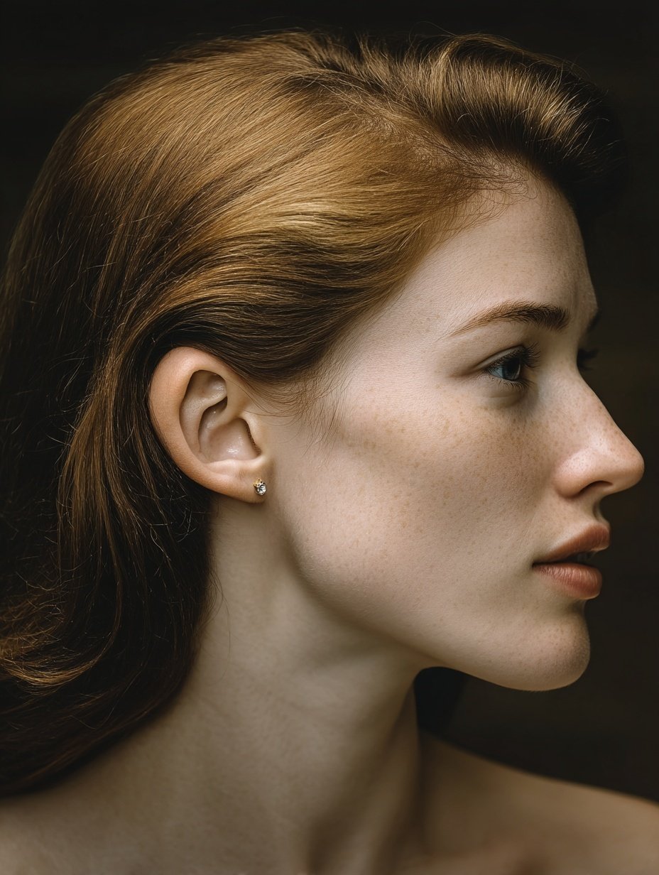 Profile portrait of a young woman with auburn hair, freckles, and a small diamond stud earring.