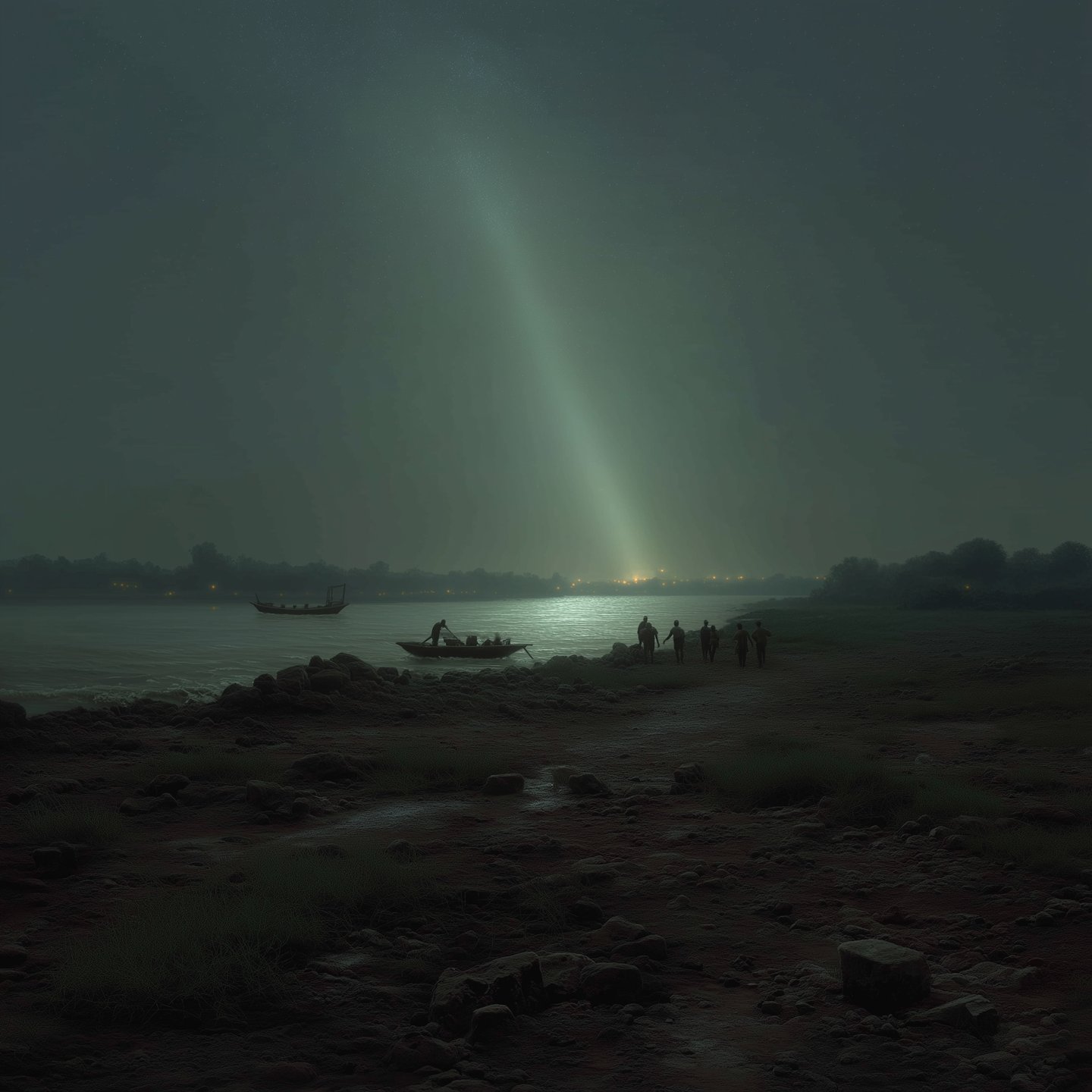 Silhouetted figures stand on a rocky riverbank under a powerful beam of light from the night sky.