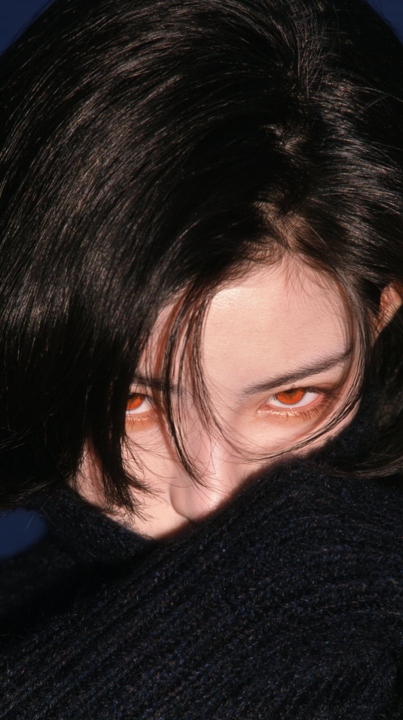 Amber-eyed model with dark hair peeking over a high-collared black knit sweater in a close-up portrait.