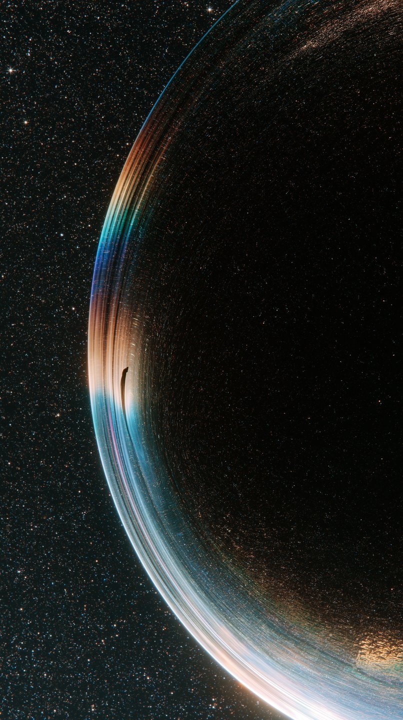 Curving planetary rings with iridescent bands of light and a tiny moon casting a shadow against stars.