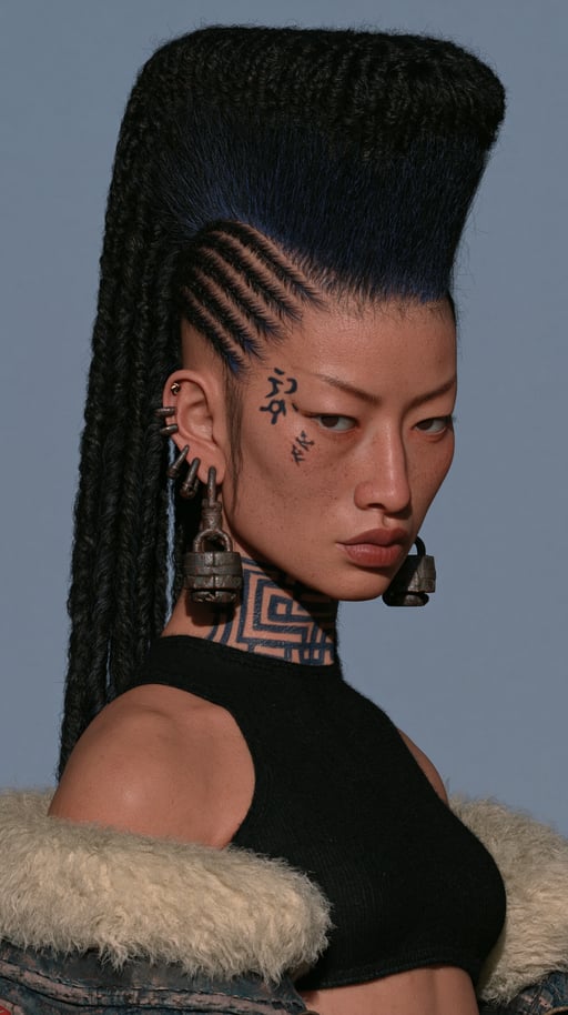 A woman with a towering braided mohawk, padlock earrings, and neck tattoos poses in a black top.