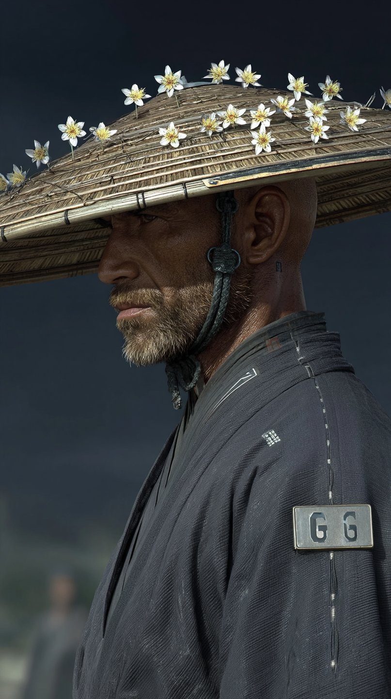 Profile of a weathered man wearing a flower-adorned straw hat and dark textured kimono against a dark background.