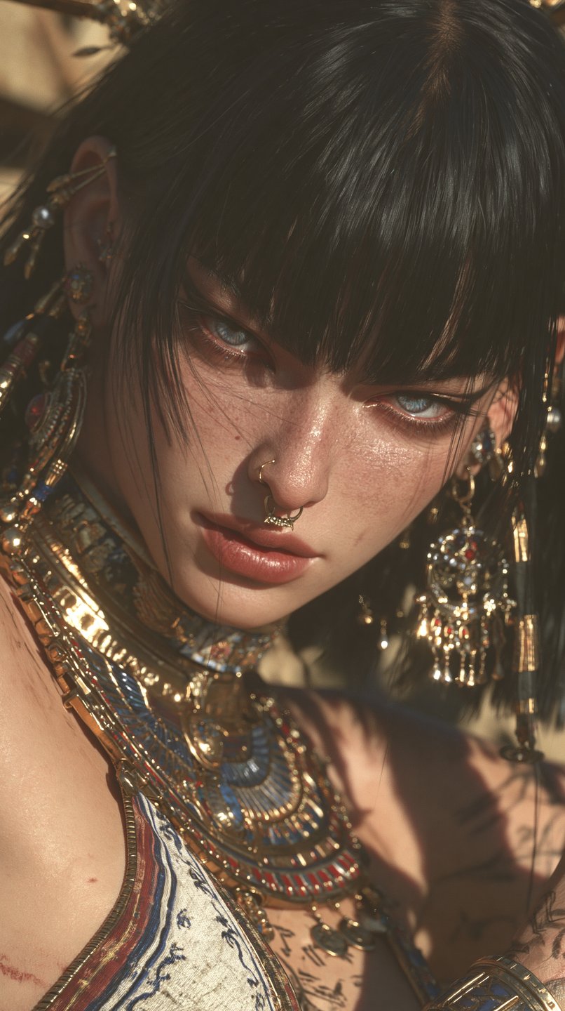 Close-up portrait of a woman with blue eyes wearing elaborate Egyptian gold jewelry and a nose ring.