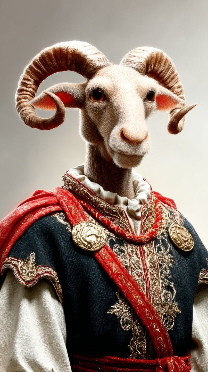 Anthropomorphic ram wearing a regal blue tunic with gold embroidery and a red sash against a neutral background.