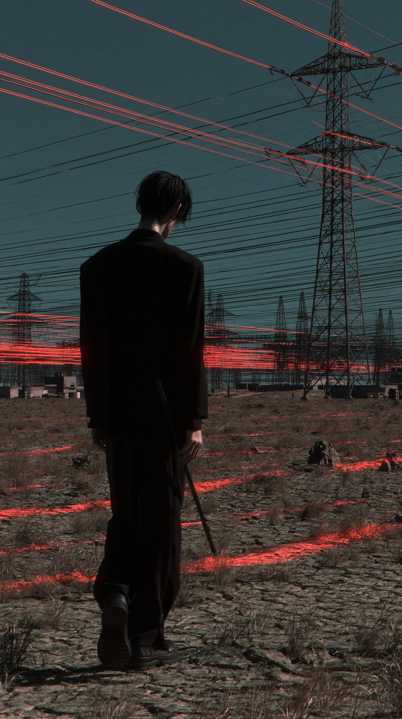 A man in a black suit walks away through a cracked wasteland under glowing red power lines.