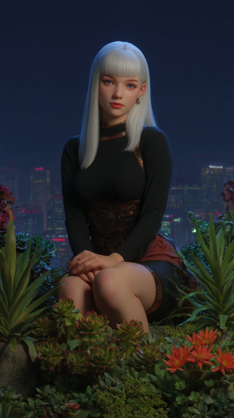White-haired woman in a black top and ornate corset sits among succulents with city lights behind.