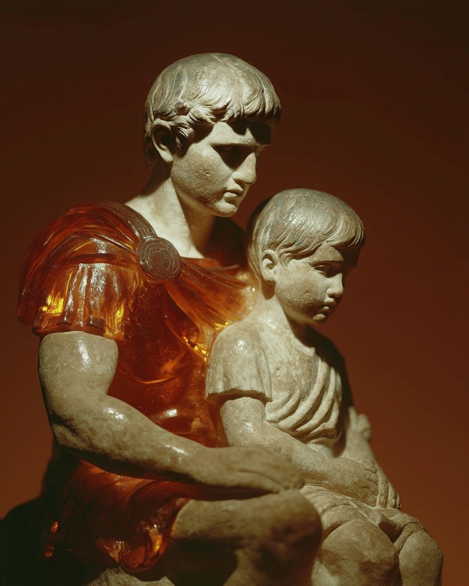 Classical stone sculpture of a man in glowing amber robes holding a small child in his lap.