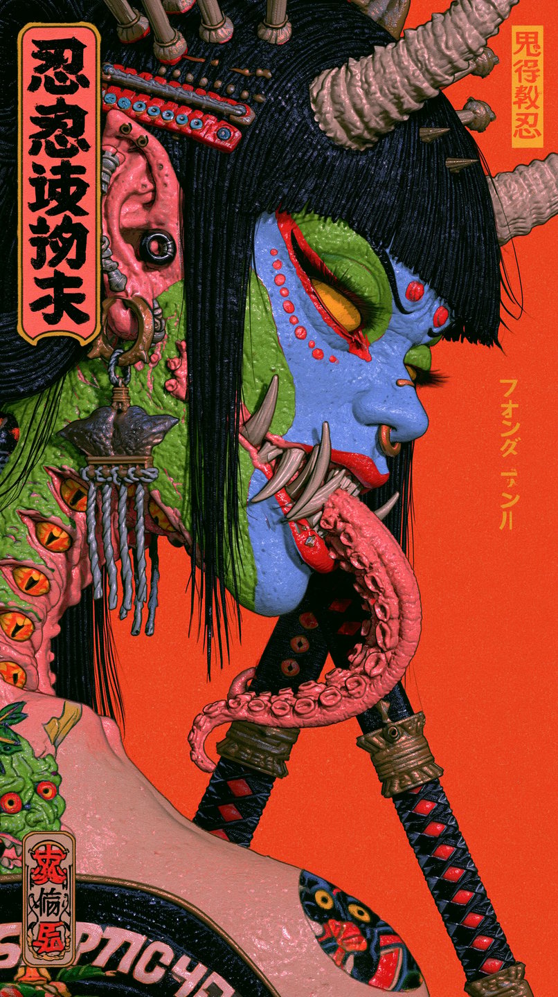 Stylized female oni demon with blue skin, spiked horns, and braided hair against a vibrant orange background.