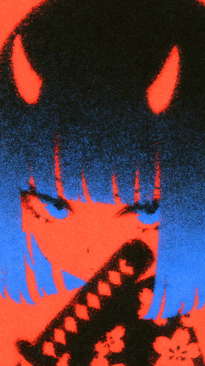 Horned anime girl with blue hair holds a katana hilt in a red textured risograph style.