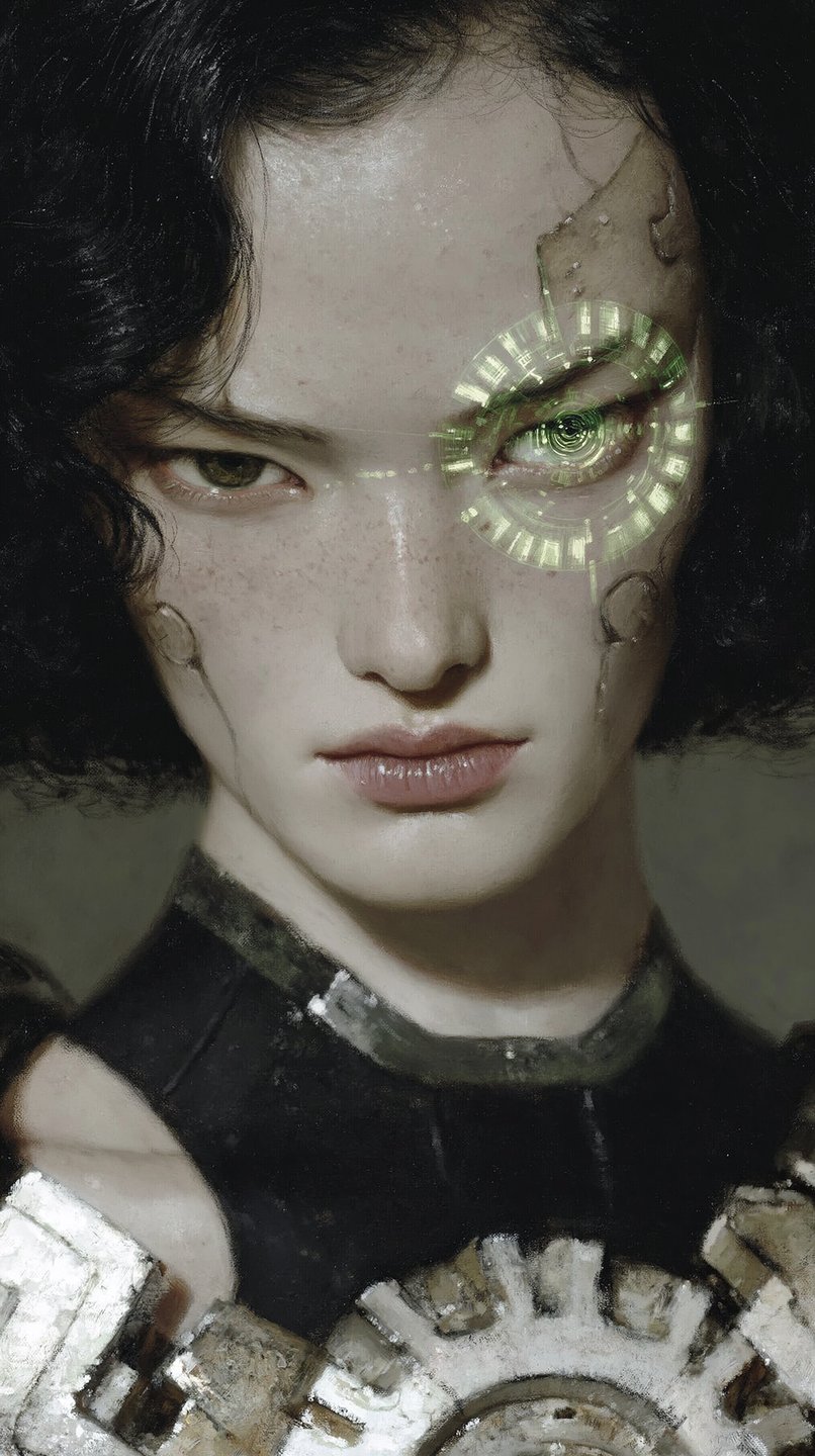 Close-up portrait of a freckled female cyborg with a glowing green holographic reticle over her eye.