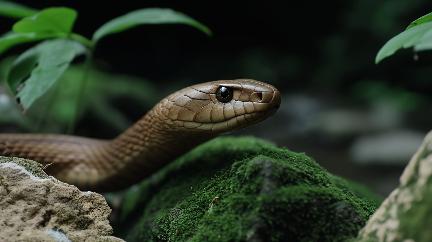 Close-up of a brown snake's head resting on a vibrant green mossy rock in a dark forest.
