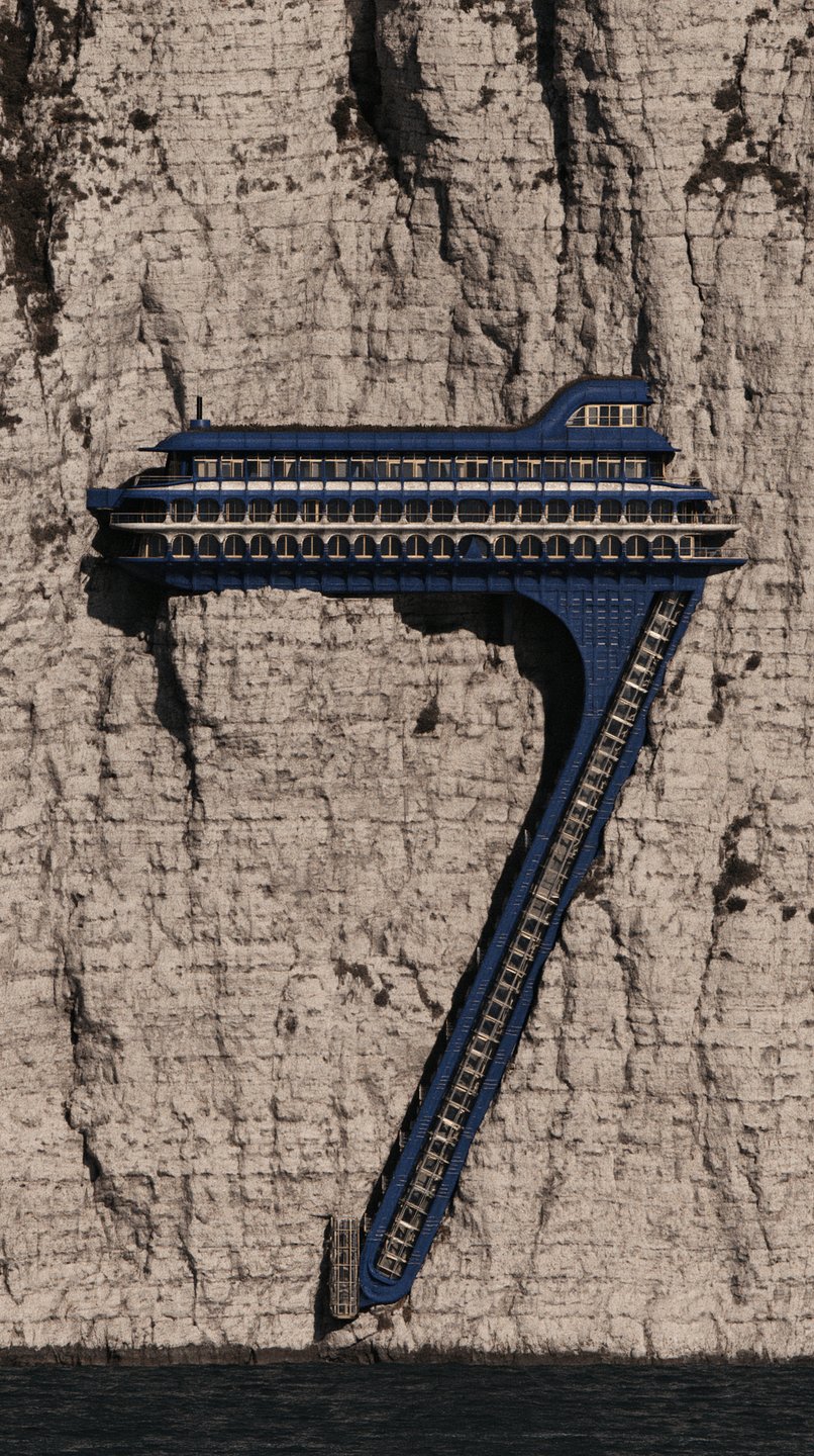 A blue, ship-like architectural structure embedded into a sheer white cliff face above dark water.