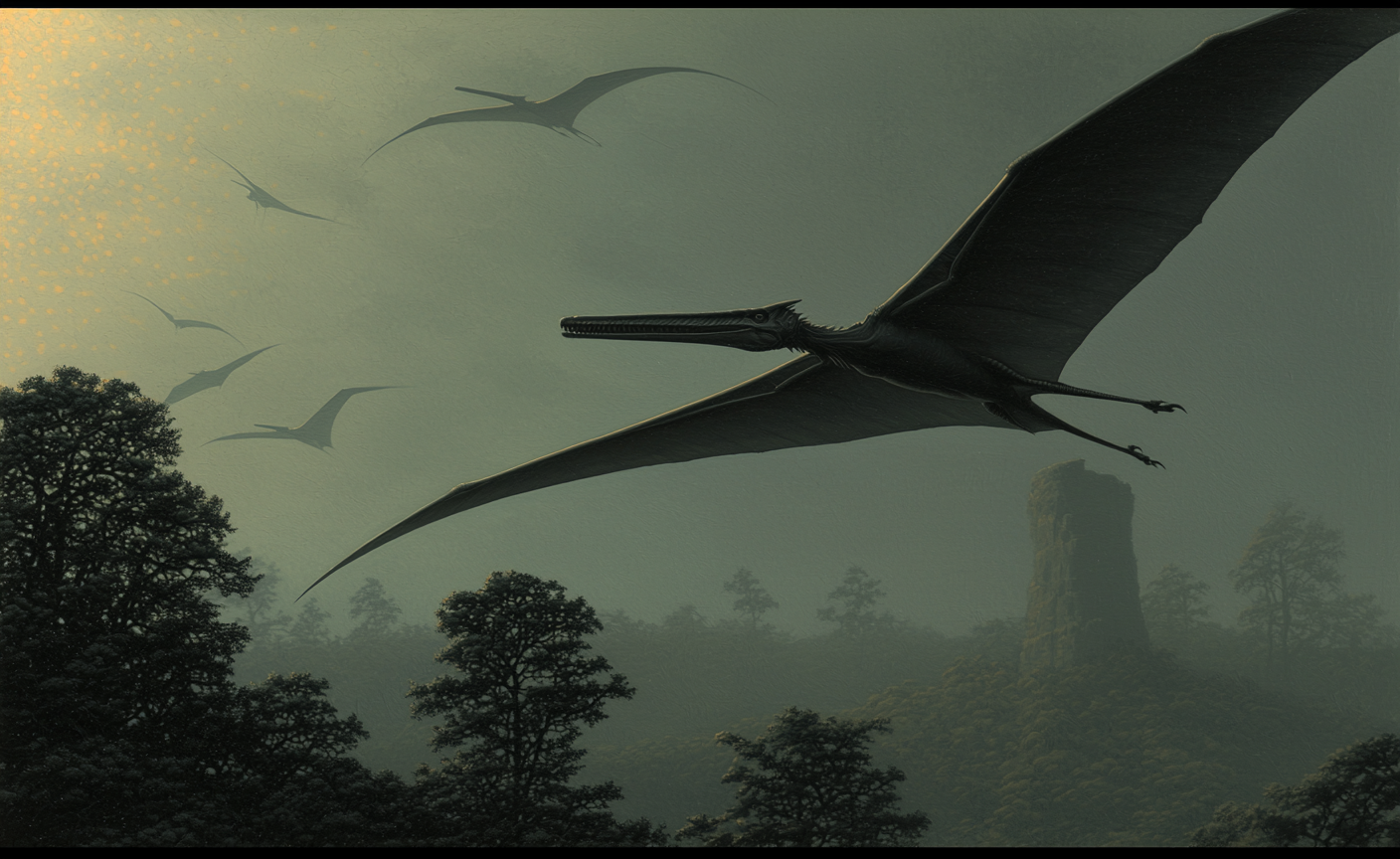 Large pterosaur with expansive wings glides over a foggy prehistoric forest towards a distant rock formation.