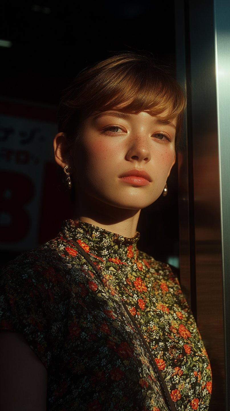 Freckled young woman in floral print dress leans against metallic frame in high-contrast golden hour light.