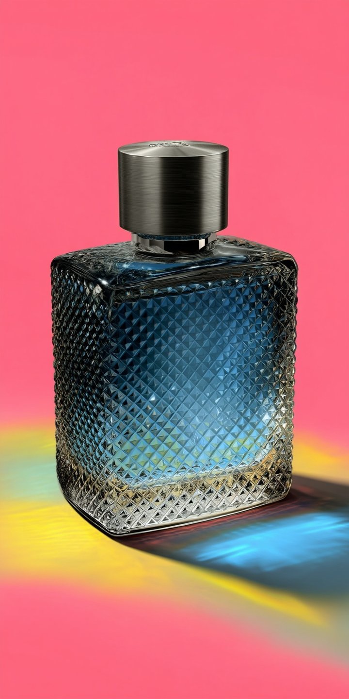 Faceted blue gradient perfume bottle with brushed metal cap on pink background with colorful caustic light reflections.