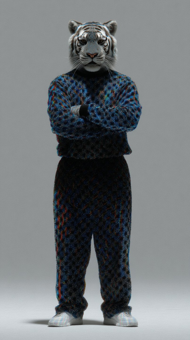 Full-length portrait of an anthropomorphic tiger wearing a colorful iridescent tracksuit with arms crossed against grey background.