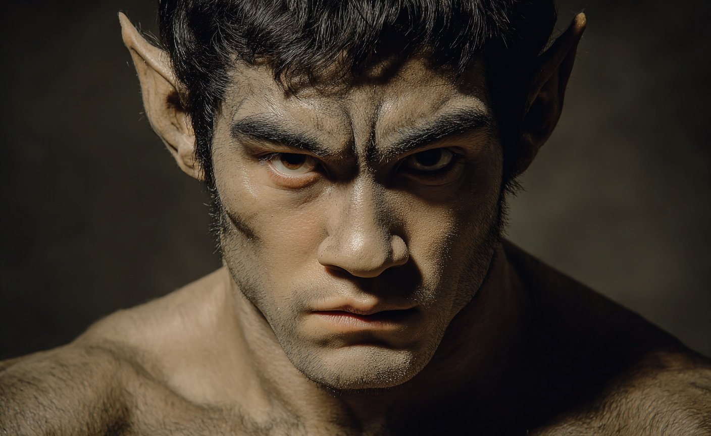 Close-up portrait of a fierce male fantasy character with pointed ears and intense, dark-eyed gaze.