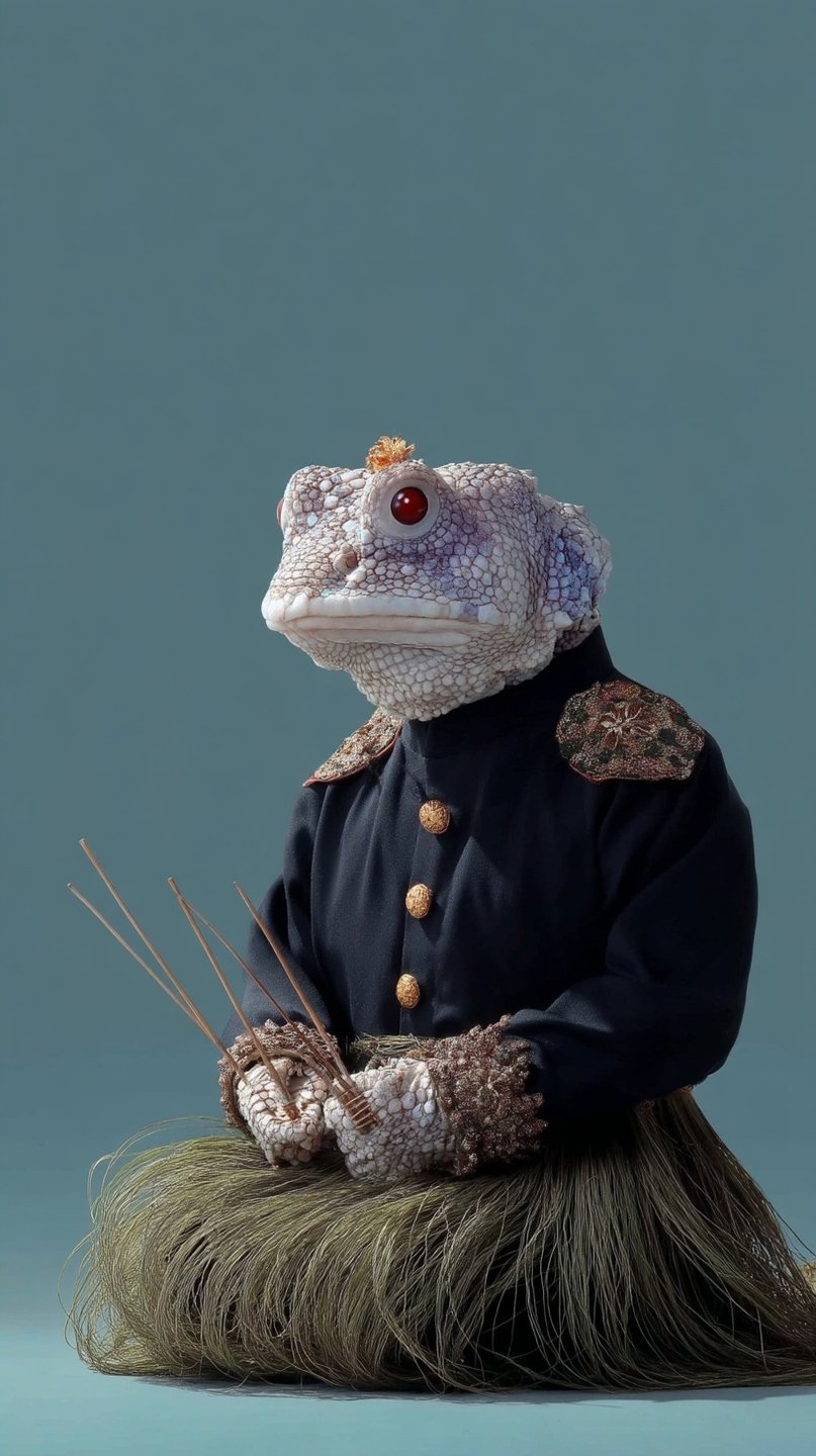 Anthropomorphic white toad wearing a navy military jacket and straw skirt, holding thin sticks against teal background.